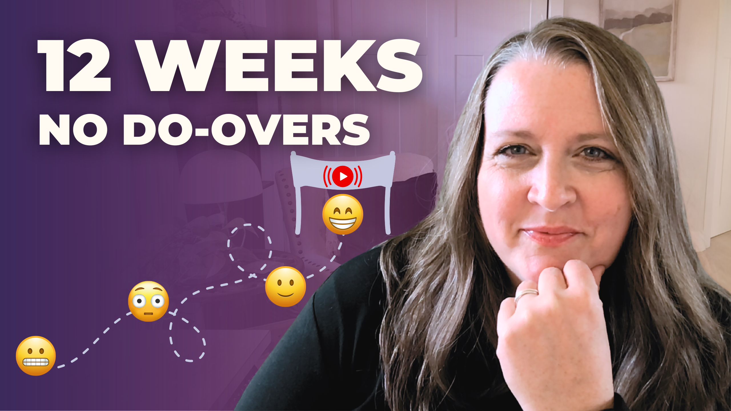Heather stephens headshot with text 12 weeks, no do-overs and a dotted line with emojis going from scared to happy